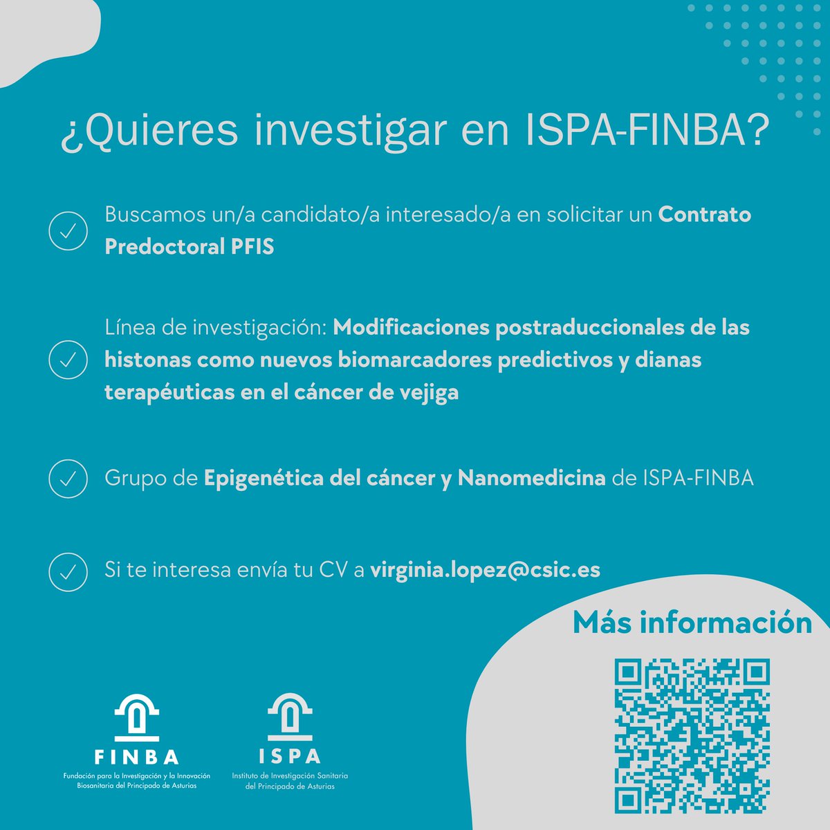 <a href="/EpilabAsturias/">Epigenetics Lab Asturias</a> busca candidato/a para solicitar un Contrato predoctoral PFIS y estudiar modificaciones postraduccionales de histonas como biomarcadores y dianas terapéuticas de cáncer de vejiga.
Más información y contacto:
ispa-finba.es/wp-content/upl…
<a href="/NanoCINN/">CINN</a> <a href="/CSICasturias/">CSIC Asturias</a>