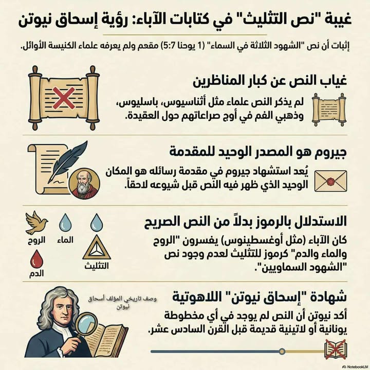 MongizAlsaqqar's tweet photo. 📷 نيوتن أفندي .. أبو الفيزياء .. يرى أن نصّ التثليث في رسالة يوحنا الأولى نصٌّ محرَّف ومزوَّر أُضيف لاحقًا إلى الرسالة.

📷 قدّم أدلةً قوية لم يُفلح أحد في نقضها، تمامًا كما لم تُنقَض نظرياته في الفيزياء.

📷 ومن أبرز أدلته أن آباء الكنيسة، رغم تناولهم المكثّف لموضوع التثليث، لم يستشهدوا بهذا النص مطلقًا؛ لأنه لم يكن موجودًا أصلًا في عصرهم.

📷 كما بيّن أن النص غير موجود في أي مخطوط يوناني قبل القرن الخامس عشر (نحو 1400م)، وهو ما يجعل وجوده المبكر مستحيلًا نصيًا.
نيوتن اتّهم جيروم صراحةً بالضلوع بتزوير هذا النص