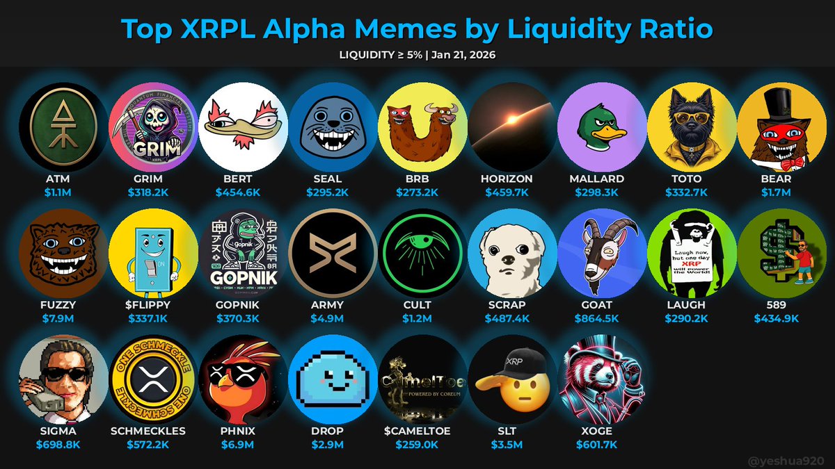 🔥 Top #XRPL Alpha Memes 🔥
━━━━━━━━━━━━━━━━━━━━
(≥$250K MC, ≥100 days, >= 250 holders)

💧 Ranked by TVL/Market Cap ratio:
- 🚀 15%+: Ultra rare gem 💎💎
- 🔥 10-15%: Elite liquidity (strong incentives)
- ✅ 5-10%: Solid liquidity (low slippage)
- ⚠️ <5%: