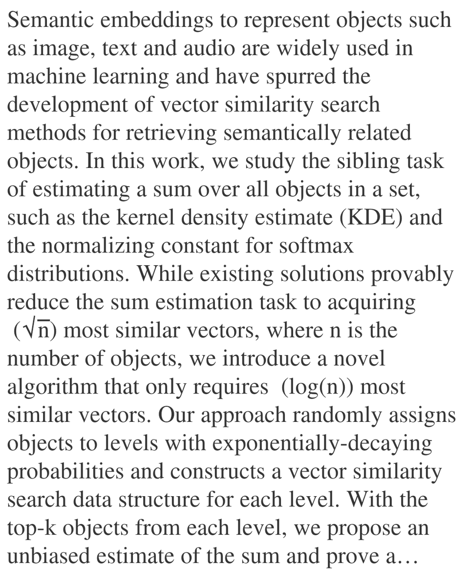 Sum Estimation via Vector Similarity Search

Stephen Mussmann, Mehul Smriti Raje, Kavya Tumkur, Oumayma Messoussi, Cyprien Hachem, Seby Jacob
arxiv.org/abs/2601.11765 [𝚌𝚜.𝙳𝚂]