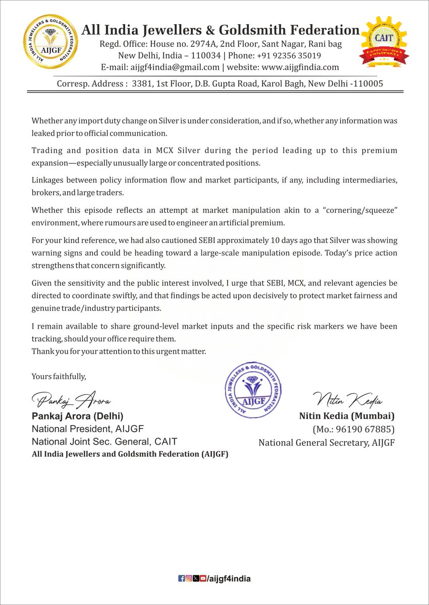 AIJGF wrote to FM: MCX Silver is trading at an absurd

 ₹40,000 premium on “import duty hike” rumours. If any change is being considered, was price-sensitive info leaked—and who profited?

Key asks (urgent, time-bound):
Clarify whether any duty revision is under consideration
If