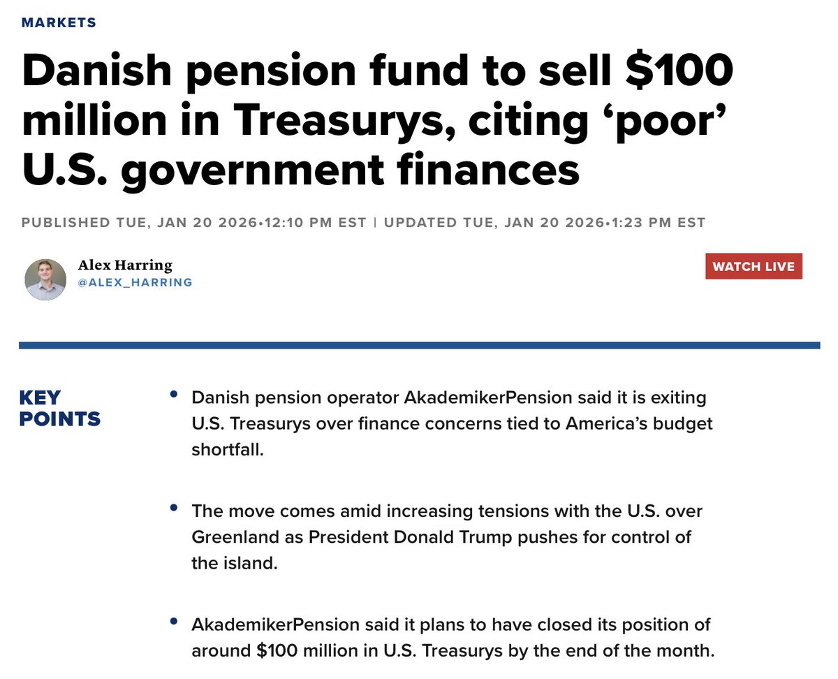 Danish Pension Fund to dump entire $100 million U.S. Treasury Position by end of January 🚨🚨🚨