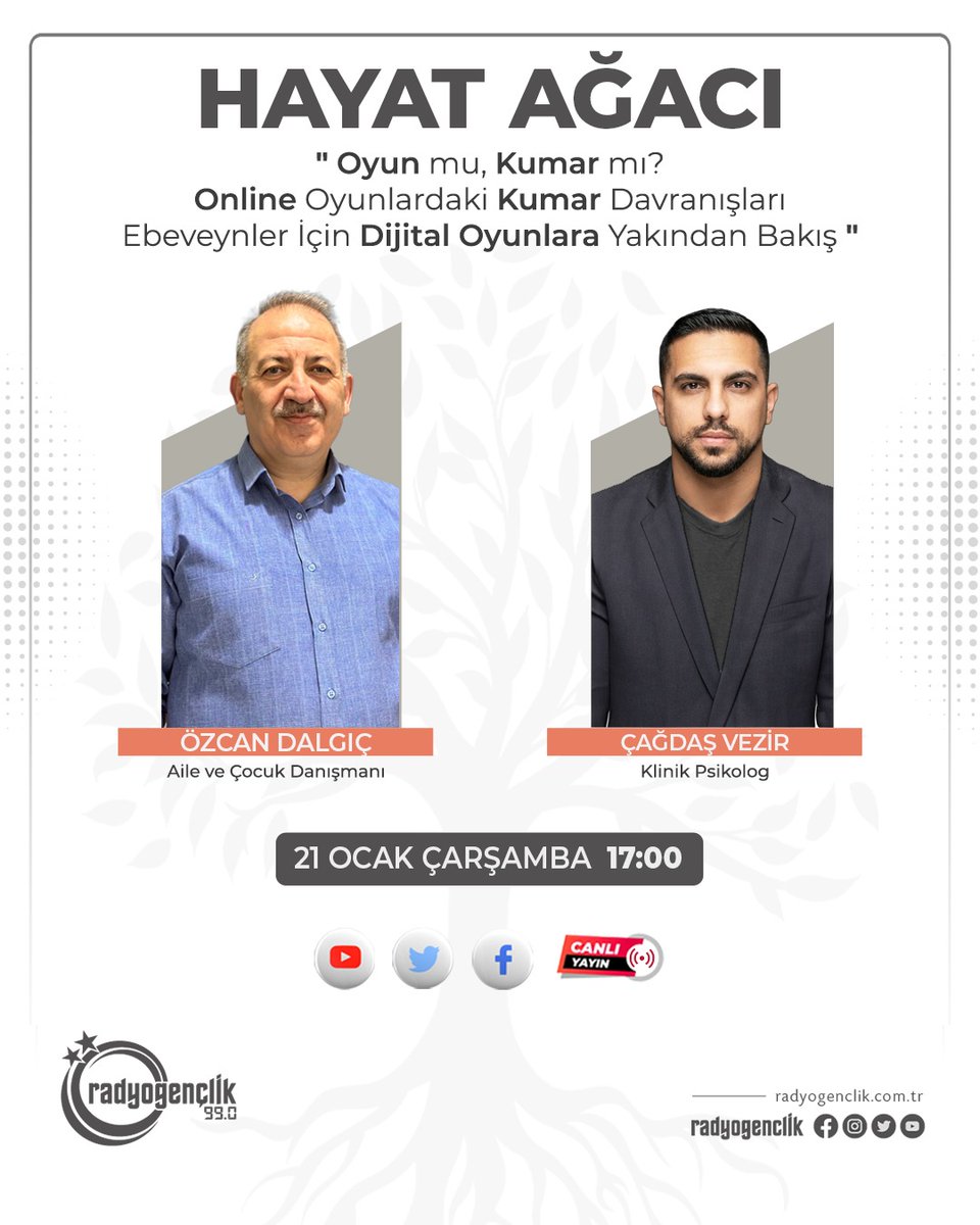 Aile danışmanı Özcan Dalgıç’ın hazırlayıp sunduğu Hayat Ağacı bugün saat 17.00 da sizlerle.
