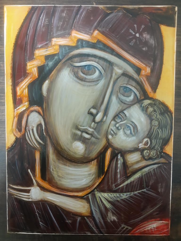 Bogorodica sa Hristom , 19 x 26 , lipa , kombinovana tehnika .
  ,,Na strašnoj visini lutajuća vatro,   ali zar tako zvezda sjaj prostire? Prozračna zvezdo , lutajuća vatro , tvoj brat , Petropolj..." .
Osip Mandeljštam