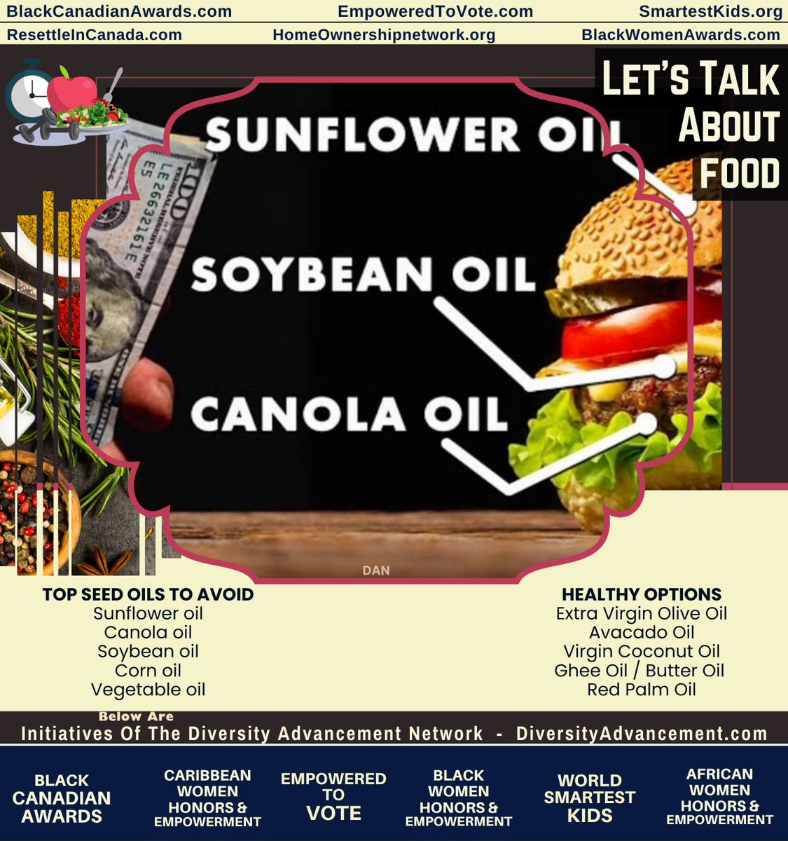 blackcanadians's tweet photo. Choosing the right ingredients is the first step toward a healthier lifestyle. Swap out processed seed oils like sunflower and canola for heart-healthy options like extra virgin olive oil and avocado oil.
​
#HealthyEating #NutritionTips #HealthyOils #DiversityAdvancement #Healthy https://t.co/qzU0vB0QMx