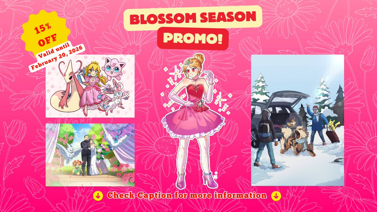 GetterStudio's tweet photo. Blossom Season Promo 15% OFF
I’m offering discount with theme pink blossom, family warmth, and friendship. You can request to have yourself drawn, your fav OC, your fav Pokémon, or anything that related to theme 

Check my quote for more info
#commissionsopen #february #ArtComm https://t.co/s17eUbt1Yn