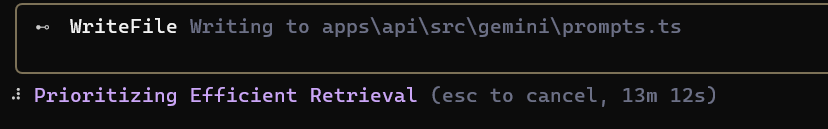 13 min and counting 'prioritising efficient retrieval'... Not very efficient anymore. 

<a href="/JackWoth98/">Jack Wotherspoon</a> <a href="/geminicli/">Gemini CLI</a>