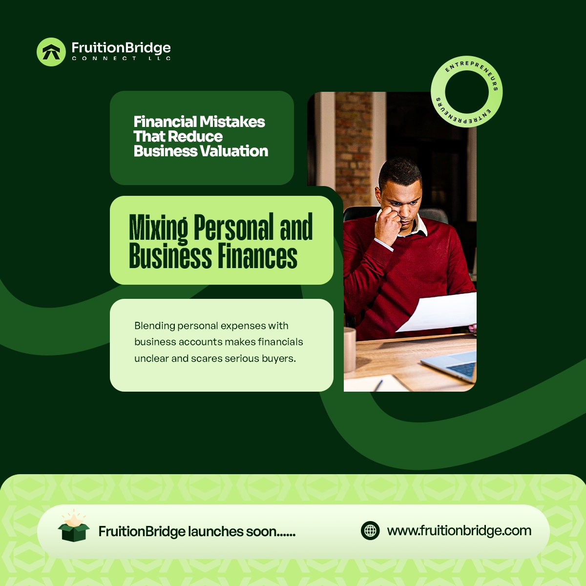 FruitionBridge's tweet photo. Blending personal expenses with business accounts makes financials unclear and scares serious buyers.

Join our wait-list today.
https://t.co/RoQSeKjVQ0

#invest #Fintech #tech #entrpreneurship #business #fruitionbridge https://t.co/OuzlloLXnh