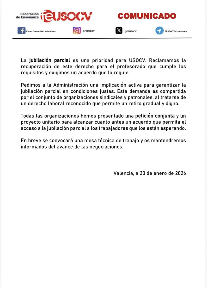📢 Información importante Jubilación Parcial en la Enseñanza Concertada 🗣️