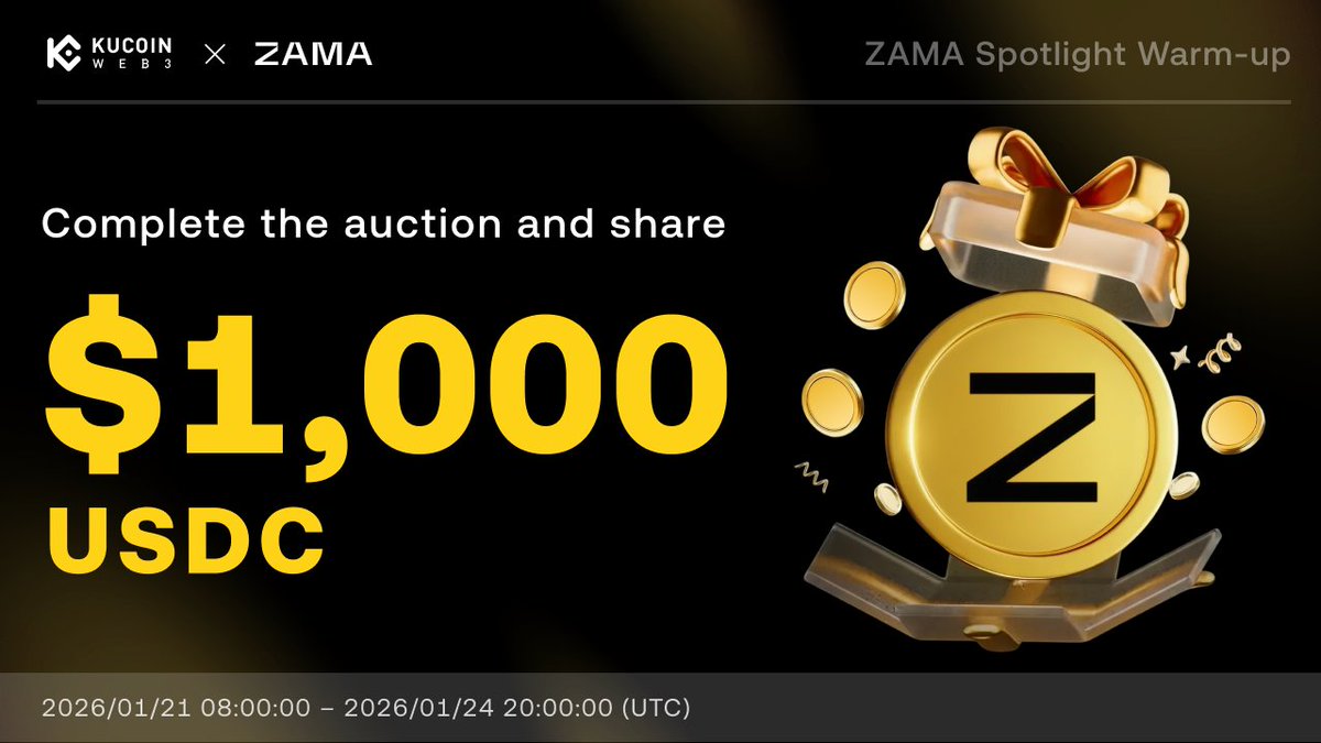 🎯 KuCoin Web3 Wallet x ZAMA Spotlight: Warm-Up

Place a bid to share 1,000 USDC.

To Enter
1️⃣ Follow <a href="/KuCoin_Web3/">KuCoin Web3 Wallet</a> &amp; <a href="/zama/">Zama</a>
2️⃣ Like + RT + reply (tag 3 frens)
3️⃣ Bid > $10 in the public auction of $ZAMA

Join now: kucoin.com/web3/starter-t…

More details with bid tutorials: