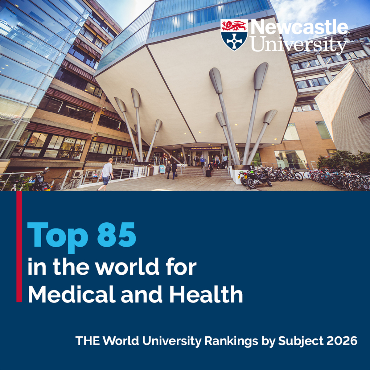 UniofNewcastle's tweet photo. Today we're celebrating being ranked in the world's top 85 for Medical and Health, and in the top 125 for Arts and Humanities, Social Sciences and Life Sciences in the latest @timeshighered World Subject Rankings 🏆

https://t.co/4TJBgdJ95S

#WeAreNCL #THEUniRankings #WUR2026 https://t.co/zsPUXvLHcw