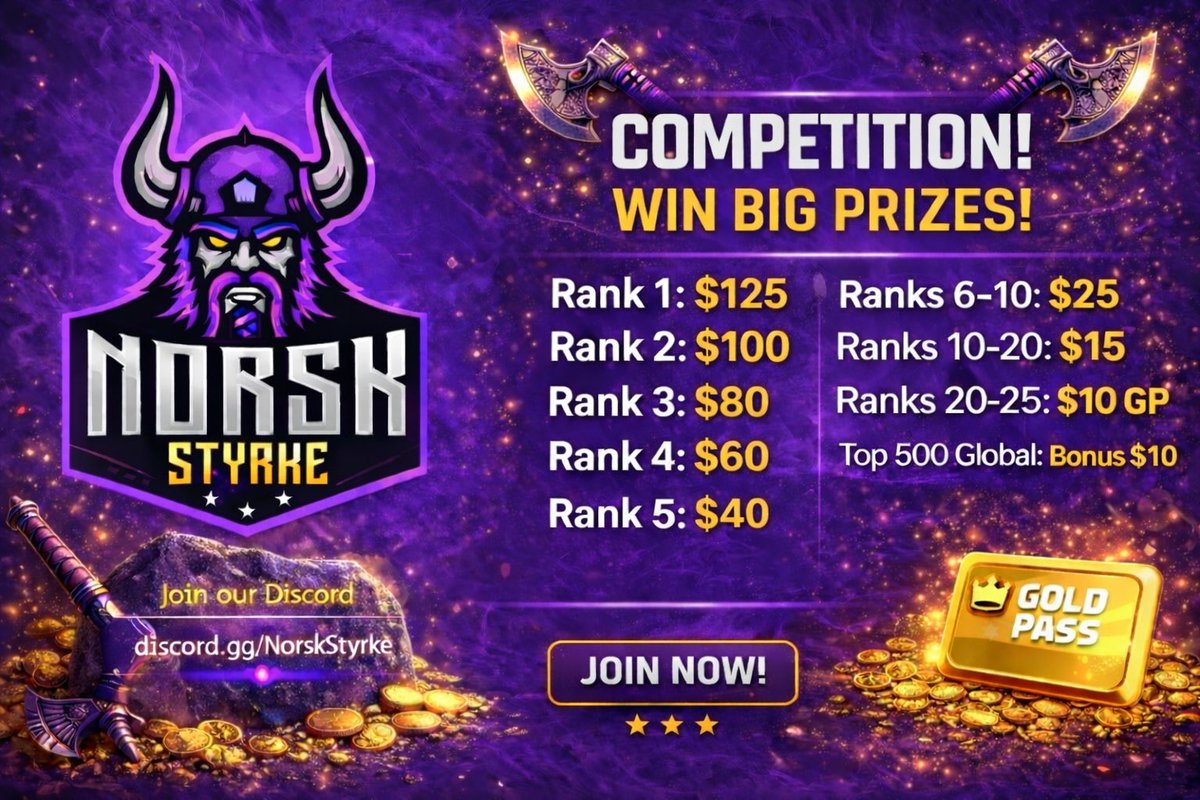 ⚜️3x GOLD PASS GIVEAWAY AND PUSH EVENT⚜️

To celebrate our 2-year anniversary we are doing a HUGE clan push event with alot of prizes, open for EVERYONE(discord in bio for more information)!

GP giveaway requirements:
-Repost
-Follow <a href="/Norsk_Styrke/">Norsk Styrke</a> &amp; <a href="/Erikcoc2/">Erik</a> 

Winners drawn 27/1