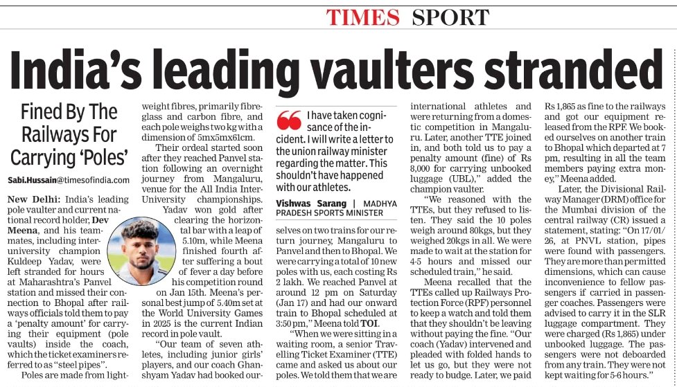 India's leading pole vaulters Dev Meena and Kuldeep Yadav were made to wait for 4-5 hours at Maharashtra's Panvel station and fined around Rs 2,000 for carrying their poles inside the coach. TTE called the poles 'steel pipes' <a href="/timesofindia/">The Times Of India</a> <a href="/toisports/">TOI Sports</a>