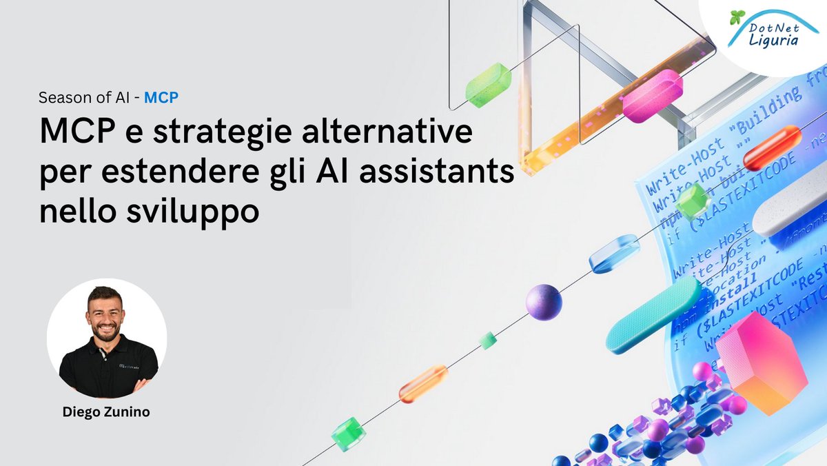 dotnetliguria's tweet photo. 🟣 MCP e strategie alternative per estendere gli AI assistants – Diego Zunino (@znndgi)
Un confronto architetturale tra MCP e approcci alternativi per i developer.

📅 23 gennaio 2025
📍 Genova
🎟️ 👉 https://t.co/MBsH9ETyML

#seasonofai #mcp #ai https://t.co/2EJAS02UtO