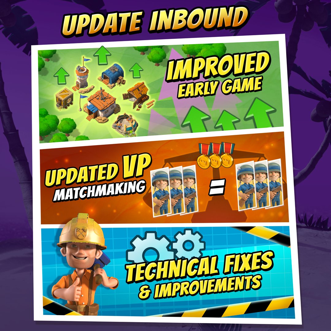 BoomBeach's tweet image. Maintenance incoming, Commanders.

We are entering maintenance mode with an estimated downtime of around 30 minutes.

This maintenance deploys an update with the following changes:
📈Smoother and faster progression adjustments for new and early game players
🎖️VP matchmaking…