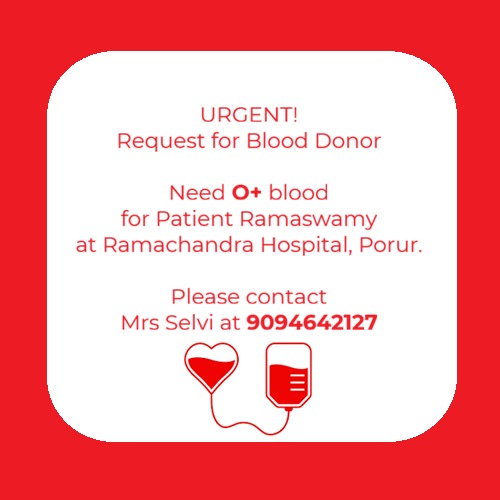 myskribbles's tweet photo. Urgency: URGENT!
Blood Type Needed: O+ 
For patient Ramaswamy diagnosed with Cancer.
Location: Ramachandra Hospital, Porur
Contact: Mrs. Selvi at 9094642127

#ChennaiBloodDonation #BloodDonorsChennai #UrgentBloodNeedChennai #ChennaiBloodBank https://t.co/TPIwNReQCm