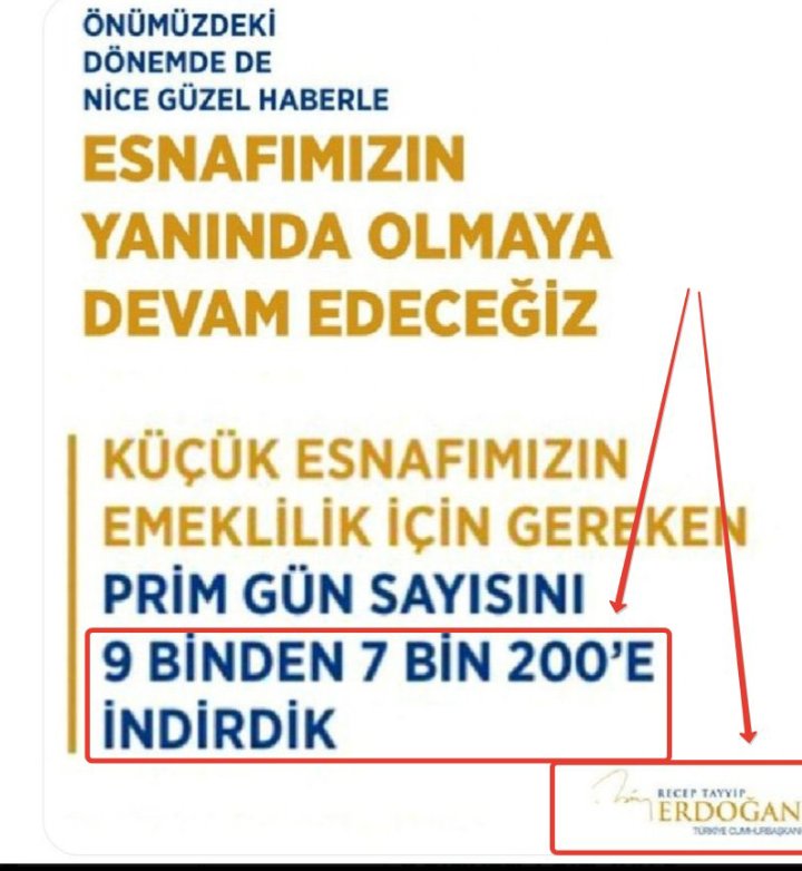 Sayın <a href="/RTErdogan/">Recep Tayyip Erdoğan</a>, 6 Mayıs 2023'te Kayseri'de verdiğiniz "Bağ-Kur primini 9000'den 7200'e indiriyoruz" sözü üzerinden neredeyse 3 yıl geçti. Milyonlarca esnaf hala bekliyor, hayaller erteleniyor.

<a href="/RTErdogan/">Recep Tayyip Erdoğan</a> 
<a href="/eczozgurozel/">Özgür Özel</a> 
<a href="/B_Palandoken/">Bendevi Palandöken</a> 

#Bağkur #Prim #İhya #Çiftçi
