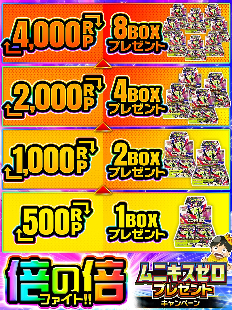 🌈皆で力を合わせて倍の倍の倍を目指してください!!🌈

・応募条件
フォロー&amp;リポストのみ!!

・応募期間
1/22 23:59〆

・当選確率UP 方法

ムニキスゼロ目指せ8BOX
👆これをつけてリプライ🔥

当選者が引用RPで収録カードの中で最も欲しいカードを画像付きで投稿してたら+α🎁

#ポケカ　#ポケモン