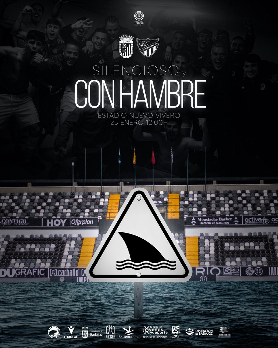 🦈 𝑺𝒊𝒍𝒆𝒏𝒄𝒊𝒐𝒔𝒐 𝒚 𝒄𝒐𝒏 𝒉𝒂𝒎𝒃𝒓𝒆

🏆 Jornada 19
🆚 CD Santa Amalia
🕖 12:00
🗓 Domingo 25 de enero
🏟 Estadio Nuevo Vivero

#TerceraRFEF #BadajozSantaAmalia
