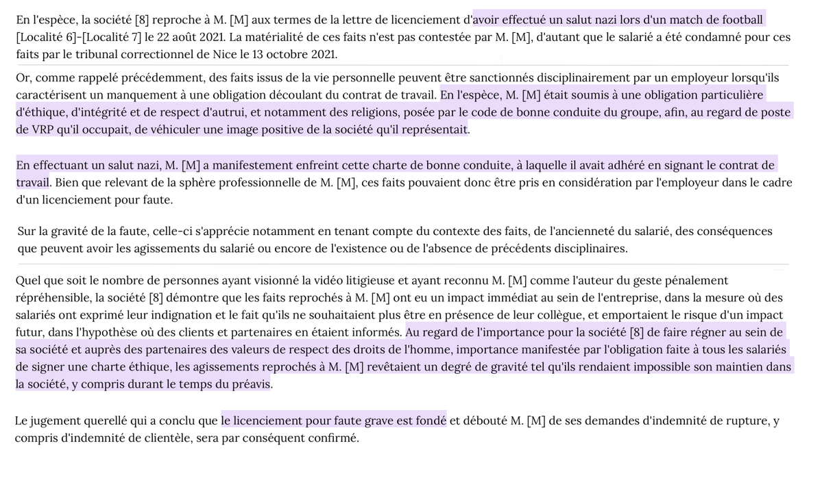 Salut nazi &amp; droit du travail : Licencier un salarié pour un salut nazi fait dans un stade de football est justifié.

Même si ce geste (sanctionné pénalement) a eu lieu hors du temps de travail.

Vue l’importance pour l'entreprise des « valeurs de respect des droits de l'homme ».