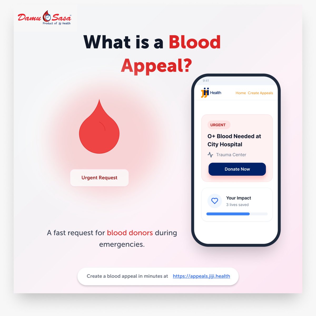 Did you know that a single blood appeal can save multiple lives?A blood appeal is a call for donors when blood is urgently needed, often during emergencies. 

Our website makes it easy to create blood appeals in minutes. Visit apeals.jiji.health and help save a life today.