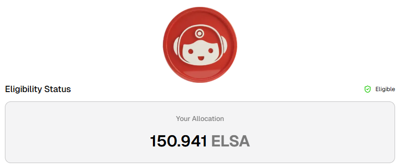 #エアドロ 小市民のおこづかい帳（その71）
#ELSA 
少額ですがコツコツ続けてました
150 $ELSA ＝ $20
請求はこちらから👇
app.heyelsa.ai/airdrop