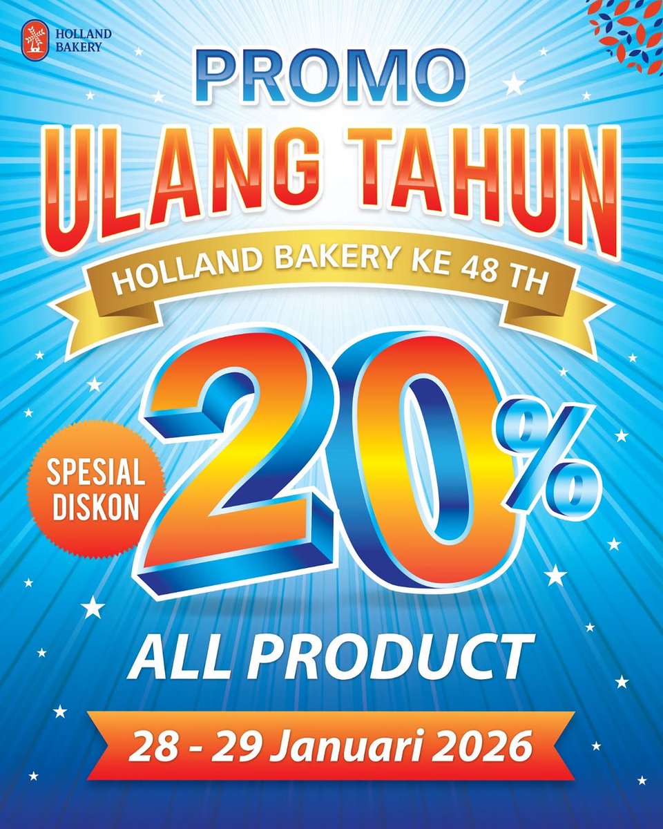 RacunBelanja's tweet photo. Holland Bakery Promo Ulang Tahun
🗓️ 28-29 Januari 2026

• Berlaku untuk seluruh produk Holland Bakery, kecuali lapis, kue kering, dan parsel
• Hanya berlaku untuk pembelian di toko, Apps HB &amp; Vending Machine https://t.co/9yjoZIh2rV