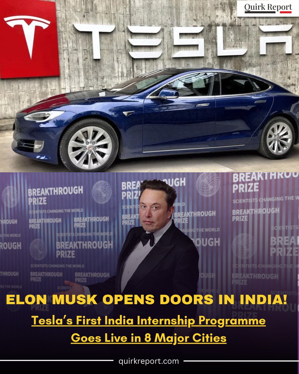 QuirkReport's tweet photo. Tesla is HIRING in India!

Elon Musk's first-ever internship programme launches across 8 major cities. Sales, Tech &amp; Engineering roles now open!

Want to join Tesla? 👇
📲 Click the link in bio for full job details, eligibility &amp; how to apply.

#TeslaIndia #ElonMusk #TeslaJobs https://t.co/owkLLloPZe