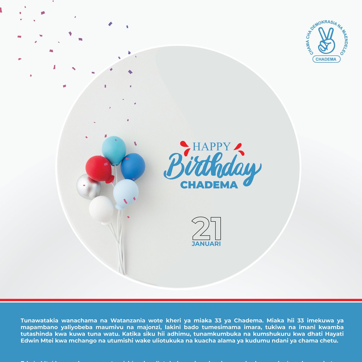 Happy Birthday Chadema.

#Miaka33YaChadema
#TunaWatuTutashinda