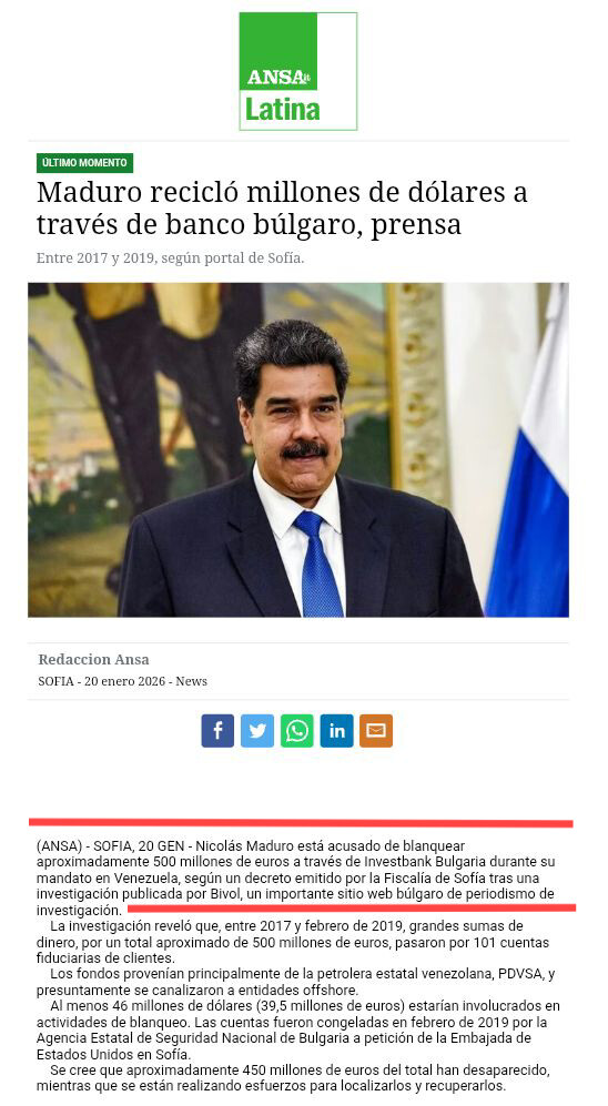 vivassantanaj_'s tweet image. ¡Siguen saliendo cuentas de corrupción! "Yo solo gano dos petros al mes", decía el ahora capturado Nicolás Maduro, pues ahora resulta que un banco de Bulgaria revela que Maduro blanqueó más de 500 millones de euros en ese país. Es apenas el comienzo de tanta barbarie