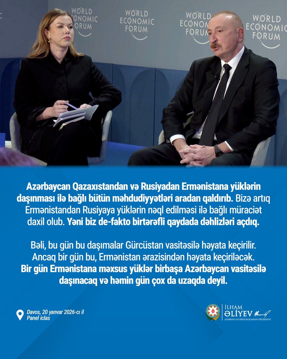 azpresident's tweet image. Bir gün Ermənistana məxsus yüklər birbaşa Azərbaycan vasitəsilə daşınacaq və həmin gün çox da uzaqda deyil.