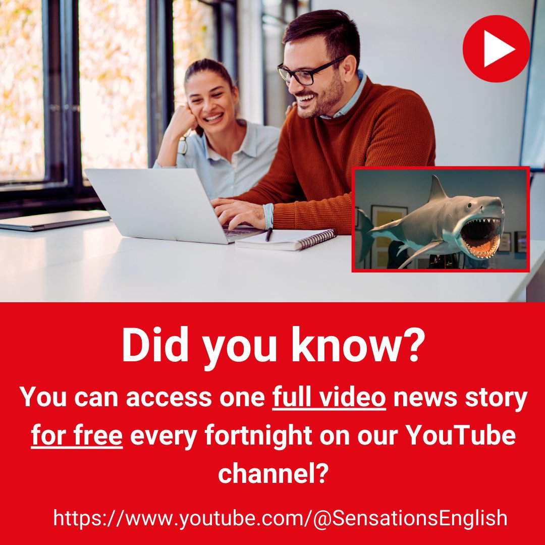 SensationsEng's tweet photo. Did you know that you can watch full news story videos FOR FREE on our YouTube channel?

It's a great way to try out your listening skills.

Find our A2 level lesson about the 50th anniversary of the Jaws movie, here: https://t.co/mKk5VxQrXD

#YouTubeChannel #LearnEnglish https://t.co/80a6na6rwW