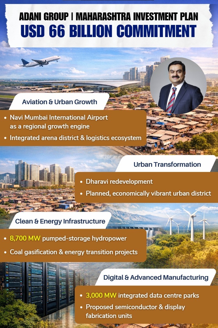 Davos — The #AdaniGroup on Wednesday unveiled a $66 billion (about ₹6 lakh crore) investment plan for #Maharashtra at the #WorldEconomicForum (WEF) 2026, outlining projects across aviation, clean energy, urban infrastructure, digital platforms and advanced manufacturing over the