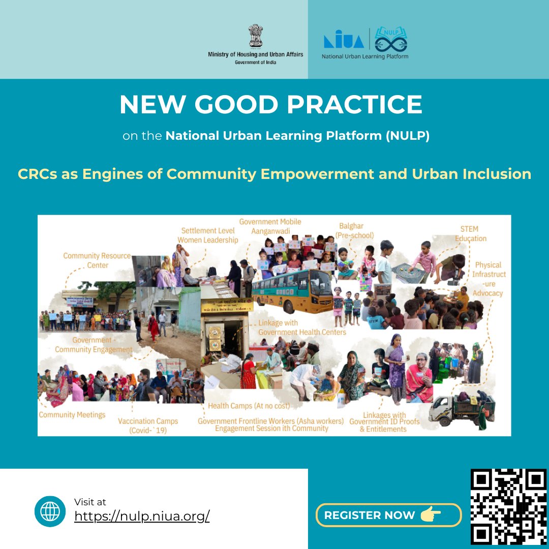 NIUA_India's tweet photo. 📖 New Good Practice is now live on National Urban Learning Platform (#NULP), in collaboration with @saathahmedabad

🔷 CRCs as Engines of Community Empowerment and Urban Inclusion

🔗 Explore now: https://t.co/v3DY6hQZLj

#NULP #MoHUA #GoodPractice #Urban #Learning https://t.co/nUFIpzg1sZ