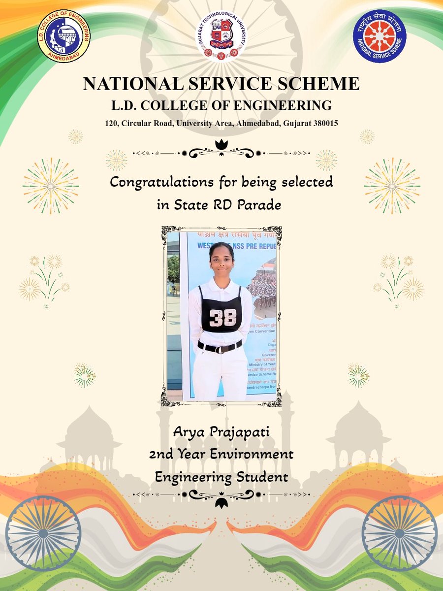 NssLdce's tweet photo. "Not me, but you." 🤝🇮🇳
Heartiest congratulations to Arya Prajapati (Env. Engg, 2nd Year) on her selection for the State Republic Day Parade. Representing NSS LDCE on such a grand stage is a true honor. We wish you the best for the parade! 🙌🫡
#NSSIndia #StateRDParade https://t.co/9wOtSFYwWQ