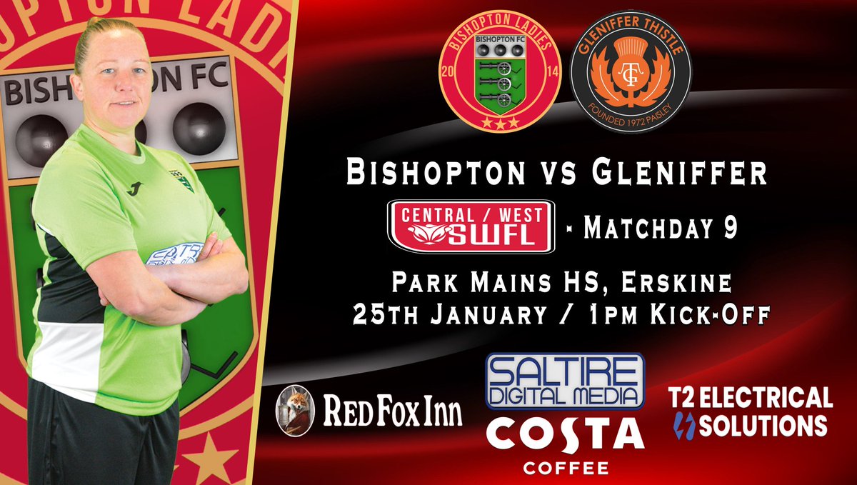 BishoptonFcl's tweet photo. This Sunday, The Ladies are in SWF Central/West League action.
Bishopton Ladies vs Gleniffer Thistle @ Park Mains HS, with a 1pm KO.
#monthebishy #costacoffee #redfoxinn #t2electricalsolutions #saltiredigitalmedia https://t.co/Cp6YUY5x8Q