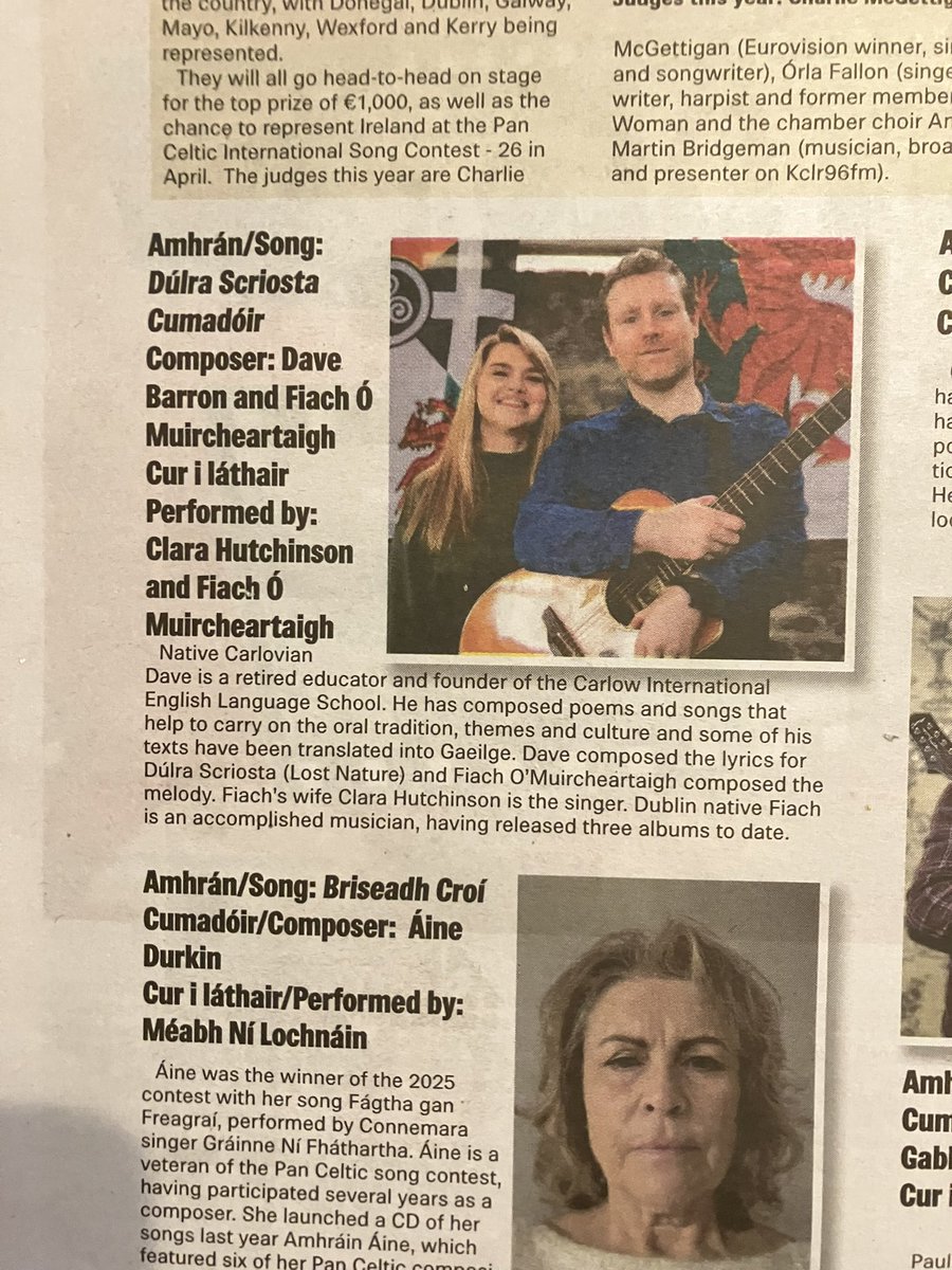 Fiachmusic's tweet photo. Looking forward to performing with herself this Saturday for @PanCelticCarlow Comórtas Amhránaíocht na hÉireann. 
Words by Dave Barron agus chum mé féin an cheol. 

#panceltic #somgcontest

@odroichid @OrlaFallonMusic agus Charlie McGettigan mar mholtóirí 🧑‍⚖️ https://t.co/dkaxWlpB4x