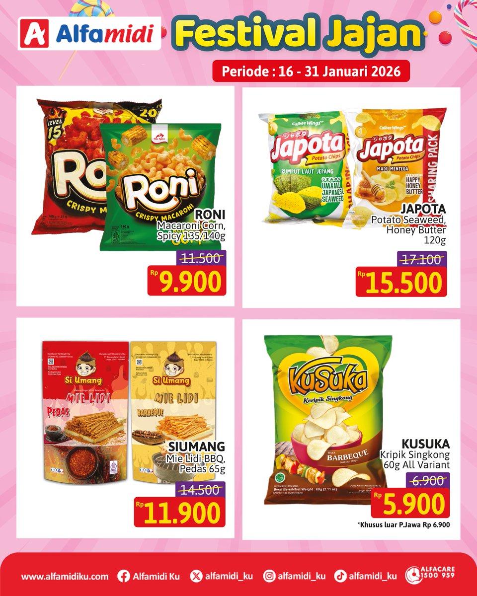 alfamidi_ku's tweet photo. Wajib ke Alfamidi sekarang buat serbu FESTIVAL JAJAN! Ada banyak banget pilihan snack favorit kamu dengan harga spsial.
Yuk, mampir ke Alfamidi terdekat dan borong jajanannya sekarang! 🛒💨
#Alfamidi #FestivalJajan #PromoAlfamidi #AyokeAlfamidi #CamilanEnak #PromoJanuari https://t.co/W71vMy5xR1