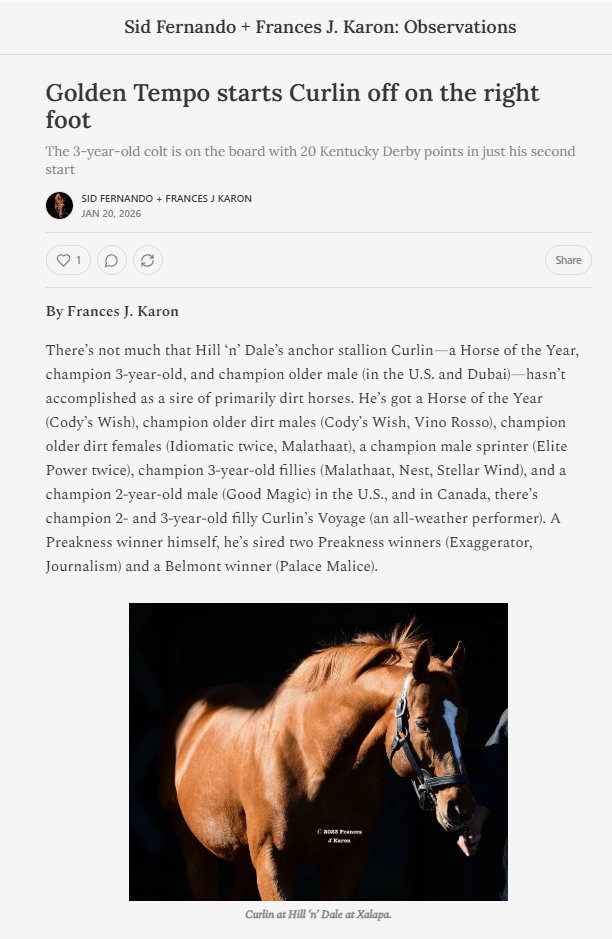 bjbrooksNY's tweet photo. "GOLDEN TEMPO is surely bred to go the Derby distance. His G3W dam Carrumba is a daughter of champion 3yo Bernardini... He’s now the 11th SWer, all out of different mares, sired by #Curlin out of daughters of #Bernardini"
Story: https://t.co/Qy6YfAOqw4.
@SireWatch @FrancesJKaron https://t.co/1WQnZa67er