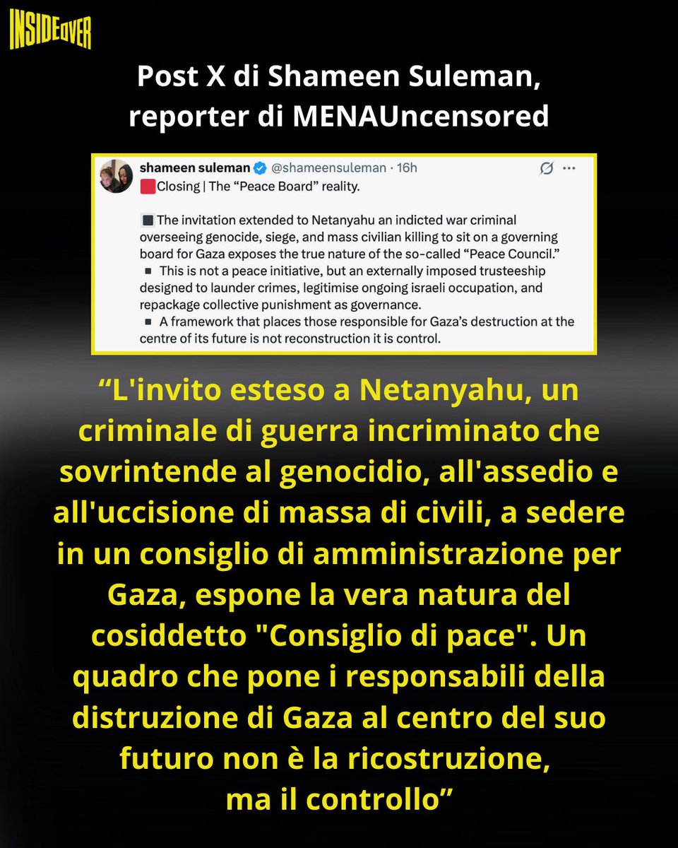 Il ricercato per crimini contro l’umanità Benjamin Netanyahu entrerà nel Board of Peace di Gaza, contro la cui popolazione il suo esercito sta commettendo un genocidio.

L’ufficio del primo ministro israeliano ha infatti annunciato che Israele entrerà nel Board of Peace promosso