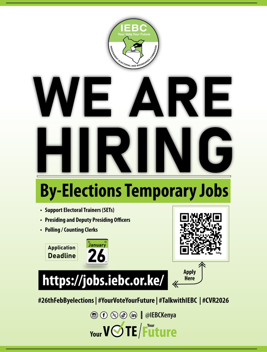 We are hiring!

The Commission invites qualified applicants to apply for the following temporary positions for the #26thFebByelections:

1. Support Electoral Trainers (SETs)
2. Presiding and Deputy Presiding Officers
3. Polling/Counting Clerks

Submit your application online via: