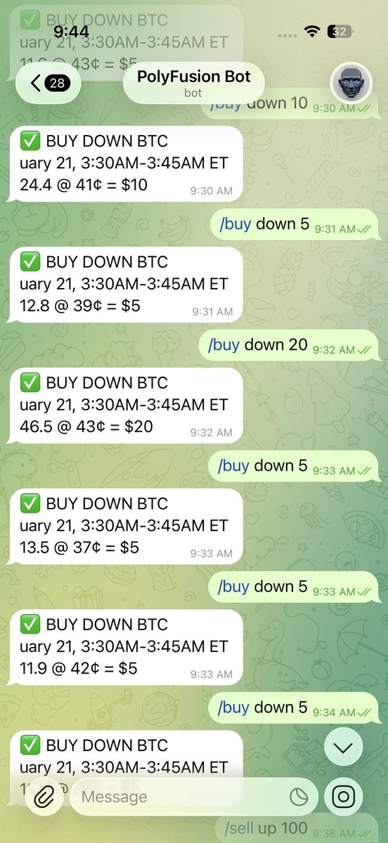 polymarketbots's tweet image. No wallet approvals. No friction. Just pure speed. 🚀

Type /buy down 20 in Telegram → Instant $20 position on BTC prediction markets

While others fumble with MetaMask popups, you’re already in the trade.
PolyFusion Bot makes every second count. Because in crypto, seconds =…