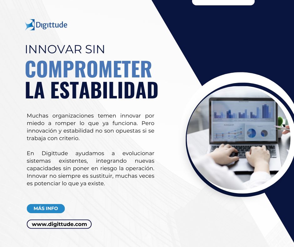 Innovar sin comprometer la estabilidad

Muchas organizaciones temen innovar por miedo a romper lo que ya funciona. Pero innovación y estabilidad no son opuestas si se trabaja con criterio.

🌐 digittude.com
📧 contacto@digittude.com