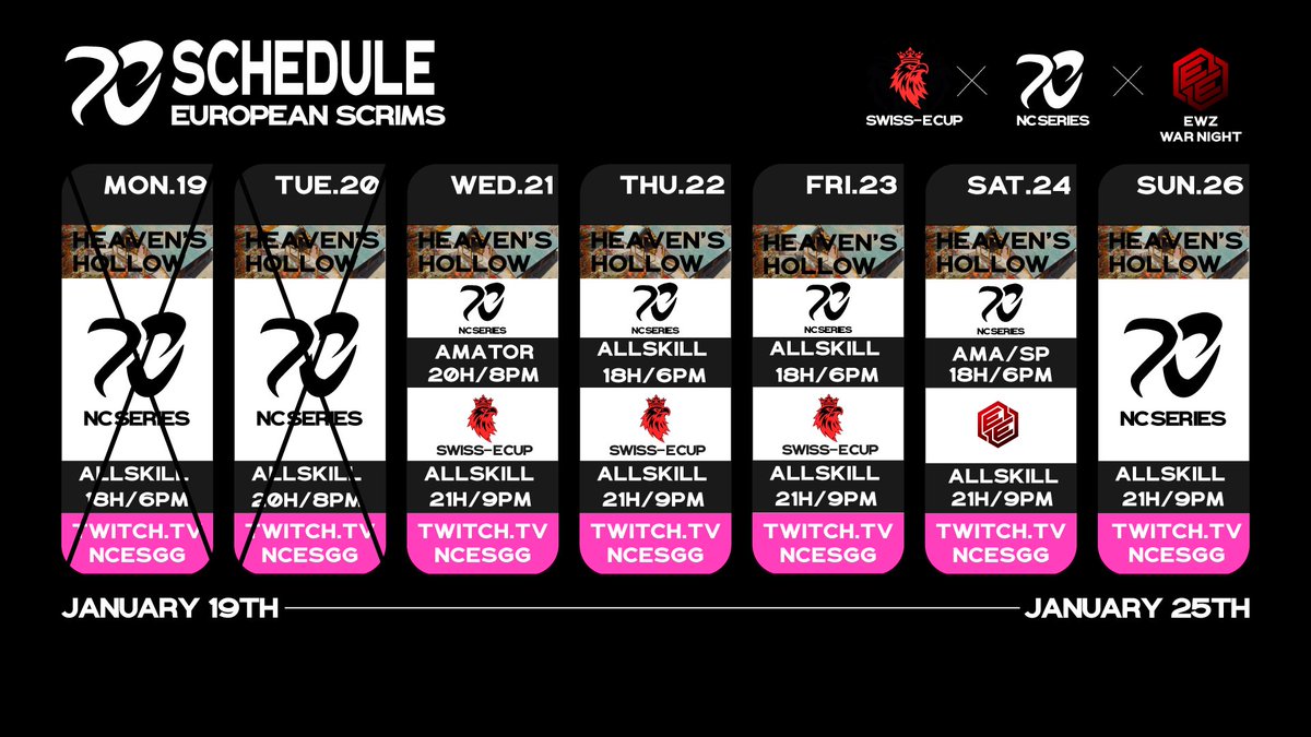 📆• Schedule Update
⚠️• To ensure competitive and a good quality of scrim’s hosting, we will be running our scrims in a single way with Swiss e-Cup.

Here is our schedule &amp; the associate discords:
Swiss e-Cup: discord.gg/gQDPWCHa
EWZ: discord.gg/ewzontop