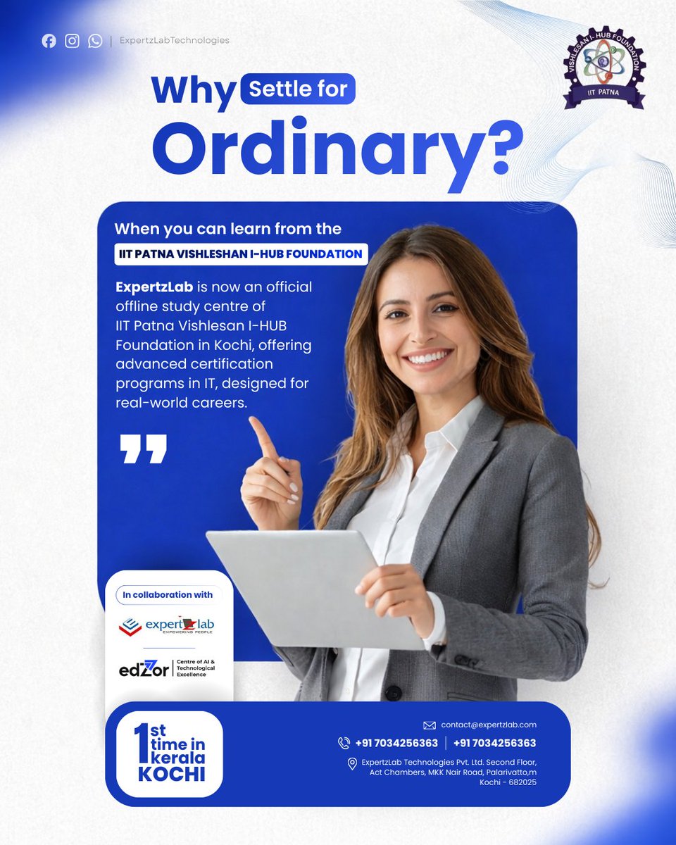 ExpertzlabTech's tweet photo. Expertzlb is now an official offline study center of IIT Patna Vishlesan i-Hub Foundation in Kochi, Offering advanced certification programs in IT, designed for real-world careers. https://t.co/6pDW9iGcX1