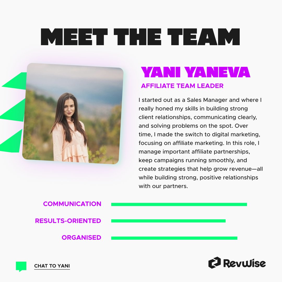 Revwise_'s tweet photo. Meet the Team: Yani – Team Leader at RevWise👩‍💻

A true team player dedicated to pushing affiliate marketing forward♟️

#MeetTheTeam #AffiliateMarketing #SeniorManager #RevWise #PerformanceMarketing https://t.co/V4s9mBWB4H