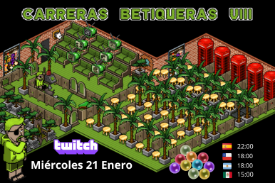EVENTO 🔉
Carreras Betiqueras 8 + Grand Prix de Canicas
Serás el más rápido en las carreras betiqueras? 
Ven y demuestralo!
🗓️Miércoles 21/01
🇪🇸 22:00   🇨🇱 18:00   🇲🇽 15:00   🇨🇴 16:00
📍Busca por: Betikardo

<a href="/HabboOrigins/">Habbo Hotel: Origins</a> @HabbooriginsES <a href="/Betikardo/">Betikardo</a> #habbohotelorigins