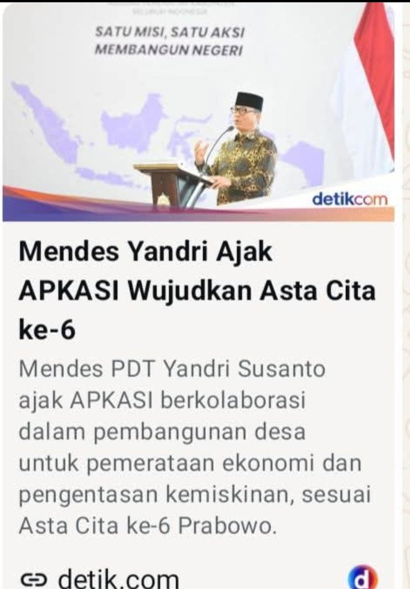 ibrahim_subang's tweet photo. Menteri Desa PDT ajak seluruh Bupati wujudkan Asta Cita 6 Presiden Prabowo

@PrabowoSubianto
@YandriSusanto
@ArizaPatria https://t.co/6bJSOqujH8