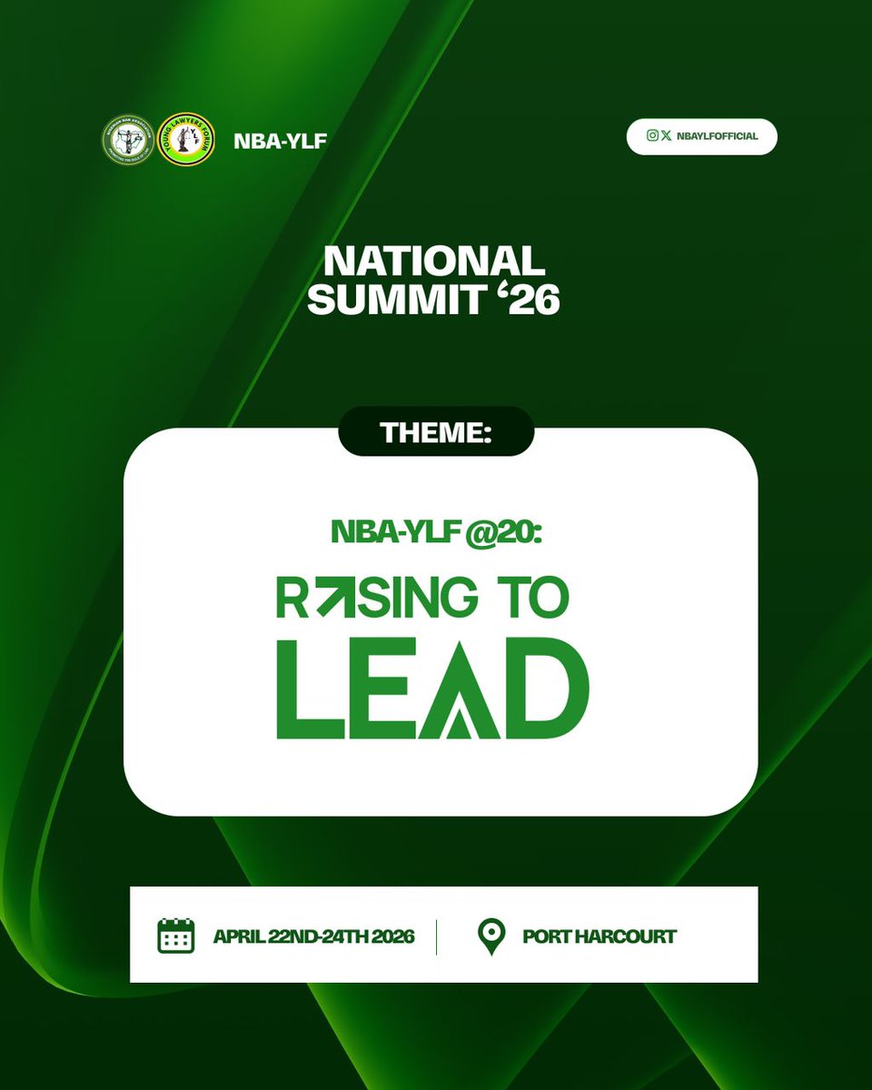 NBAYLFOfficial's tweet photo. NBA-YLF National Summit 2026
Logo &amp; theme unveiled:

✨ NBA-YLF @20: Rising to Lead ✨

📍 Port Harcourt
🗓 22–24 April 2026

Mark your calendars. The future is calling. We rise to lead.
#NBAYLFAt20 #RisingToLead #NBAYLFSummit2026 https://t.co/wKZwuZvn9g