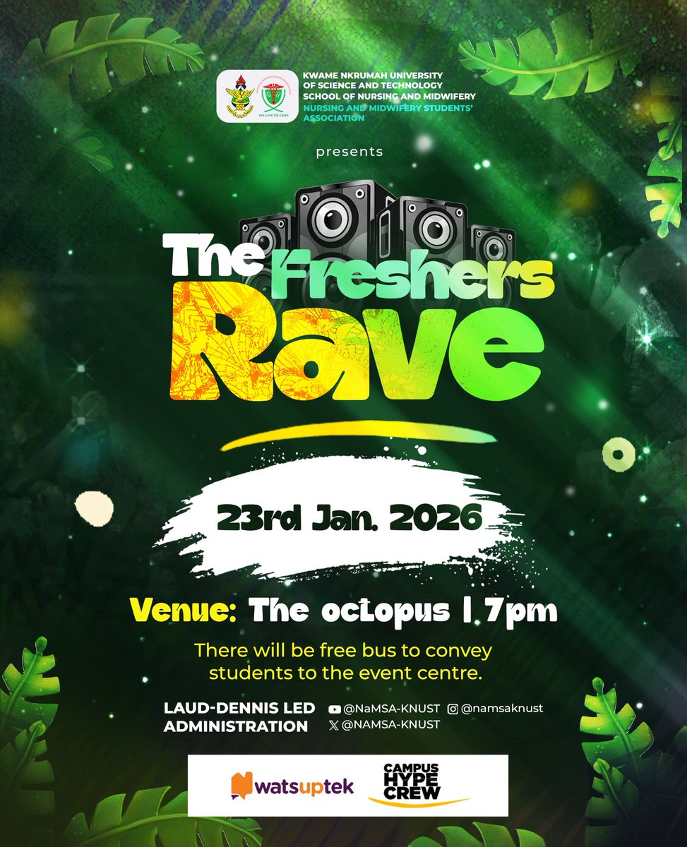 NAMSA_KNUST's tweet photo. The biggest Rave of the season is here!

Join us this Friday let’s partttyyy🎉🎉

#NaMSAFreshersRave 
#NaMSAKNUST 
#KNUST https://t.co/Oe5W1uxYQS
